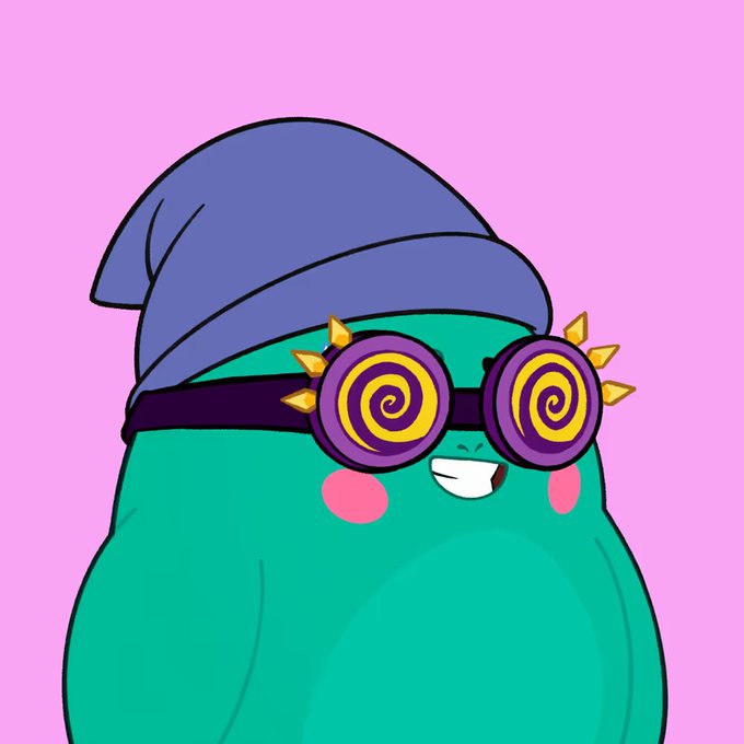 A cute green blob-like cartoon character wearing a purple beanie and oversized spiral-patterned goggles with yellow spikes, smiling on a pink background.