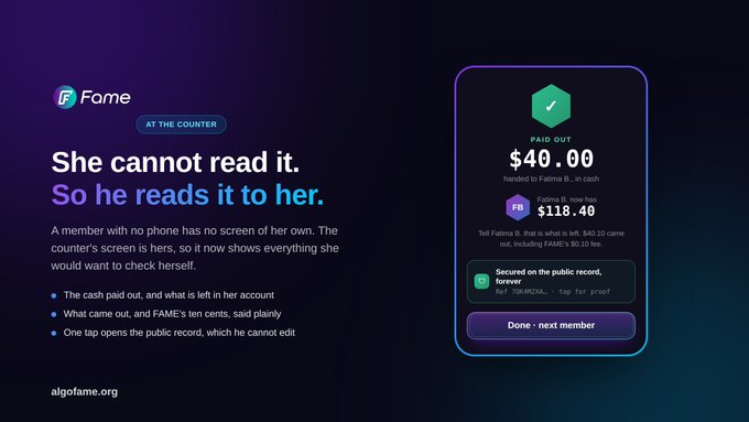 A promotional graphic for "Fame" with text explaining a feature where a counter's screen displays account information for a member without a phone, showing a payout of $40.00 to Fatma B. with a public record reference 70KM2A.