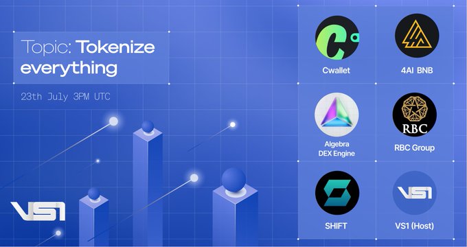 A promotional graphic for a VS1 Finance X Space titled "Tokenize everything" scheduled for July 23rd at 3PM UTC, featuring the logos of participating projects: Cwallet, 4AI BNB, Algebra DEX Engine, RBC Group, SHIFT, and host VS1.