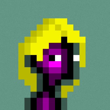 A small pixel art illustration of a character with blonde hair, purple clothing, and a wide grin against a solid green background.