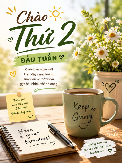 The image features a poster with motivational messages written in Vietnamese, including phrases such as "Keep going" and "Have a great Monday." A cup of coffee sits next to the poster, along with a notebook and pen. There are also flowers on the table, adding a touch of nature to the scene. The post appears to be promoting a positive message or encouraging people to stay motivated during their week.