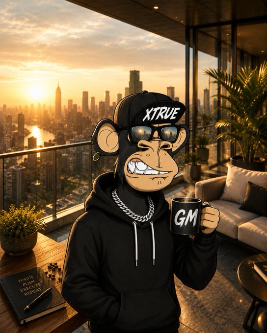 An AI-generated image of a cartoon monkey character wearing a black cap that reads 'XTRUE' and sunglasses, holding a 'GM' coffee mug on a high-rise balcony at sunset, with a 'Focus Plan' notebook nearby.
