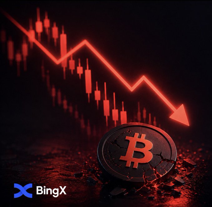 A Bitcoin-themed graphic from BingX showing a cracked BTC coin beneath a descending red candlestick chart with a downward arrow, suggesting a bearish crypto market trend.