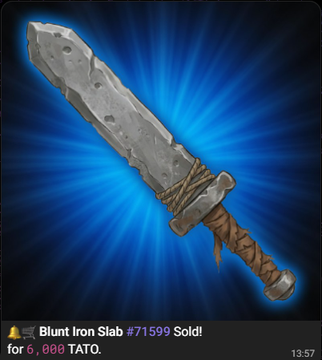 A "Blunt Iron Slab" sword (#71599) is shown above a marketplace listing that reads "Sold for 6,000 TATO," illustrating the post's claim about earning over $40 by selling a rare in-game weapon on the Pawtato Land marketplace.