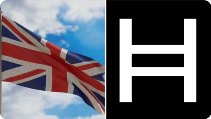 A split image showing the British Union Jack flag waving against a blue sky on the left and a bold white letter 'H' on a black background on the right.