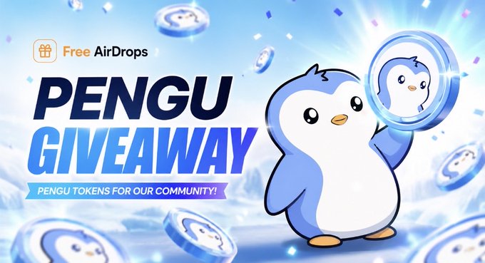 The image is a vibrant promotional graphic for a "$PENGU GIVEAWAY" featuring a cute cartoon penguin mascot holding a PENGU token, with the "Free AirDrops" logo in the top corner and the tagline "PENGU TOKENS FOR OUR COMMUNITY!" It directly supports the accompanying post by visually advertising the free $PENGU AirDrop event at freeairdrops.io.