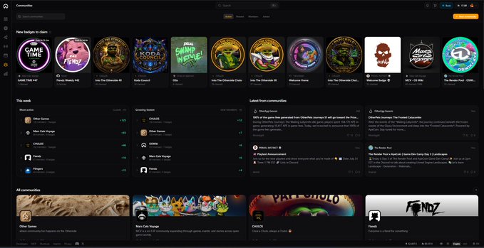 A screenshot of a dark-themed dashboard for "Communities" featuring various circular game and project logos, alongside lists for "Most active," "Growing fastest," and "Latest from communities," with names like Other Games, Picofrunky HQ, and Koda Council.