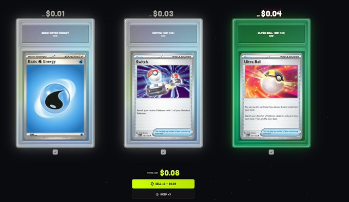 A digital card game store interface showing three Pokémon TCG cards (Basic Water Energy, Switch, Ultra Ball) priced at $0.01, $0.03, and $0.04, with a total of $0.08.