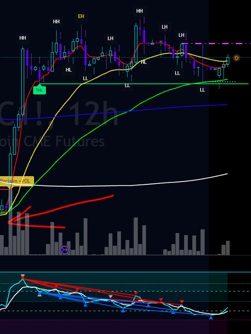 A 12-hour CME Futures candlestick chart displays a downtrending market structure with annotated higher highs (HH), lower highs (LH), higher lows (HL), and lower lows (LL), suggesting a bearish continuation pattern following the "Update - nice" trading call.