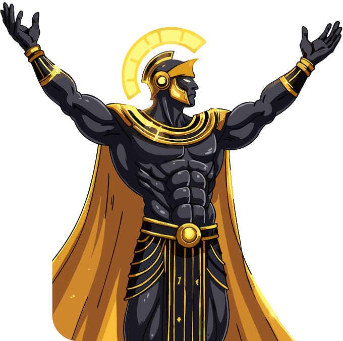 A digital illustration of a powerful warrior figure in dark armor with gold accents, wearing a Roman/Greek-style helmet with a yellow crest, arms raised triumphantly, and draped in a golden cape.