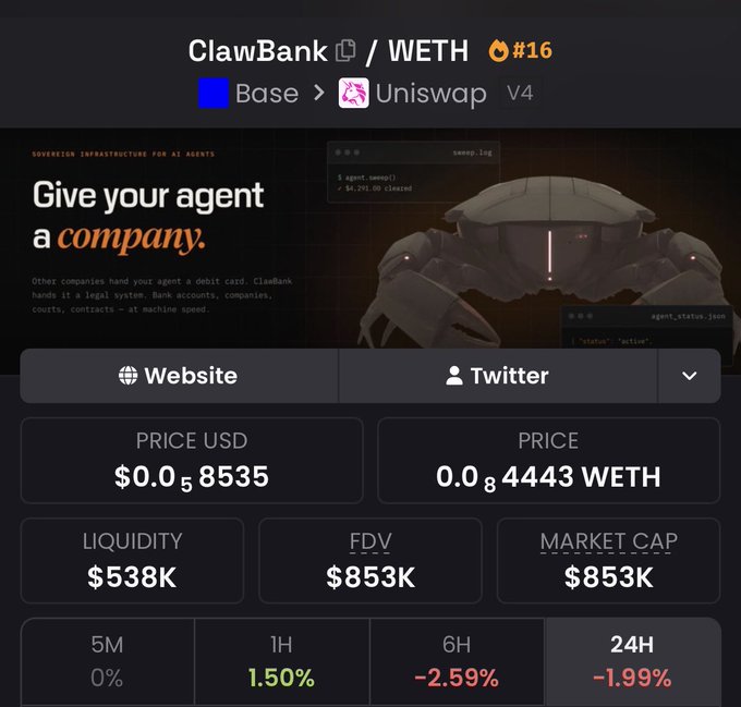 A token tracking page for ClawBank / WETH on Base via Uniswap V4, showing a price of $0.058535 USD and 0.084443 WETH, with $538K liquidity and $853K market cap.