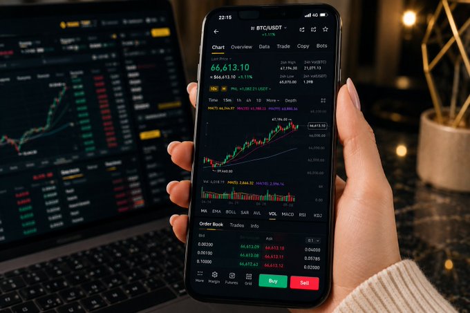 A hand holding a smartphone displaying the BTC/USDT trading chart at 66,613.10, with a laptop showing trading software in the background.