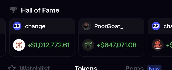 In the "Hall of Fame" section, @PoorGoat_ is listed with +$647,071.08, alongside @change. This image shows the positive financial performance of @PoorGoat_ in a digital currency context, directly relating to the accompanying post's praise for their contributions to tokenized laughter.
