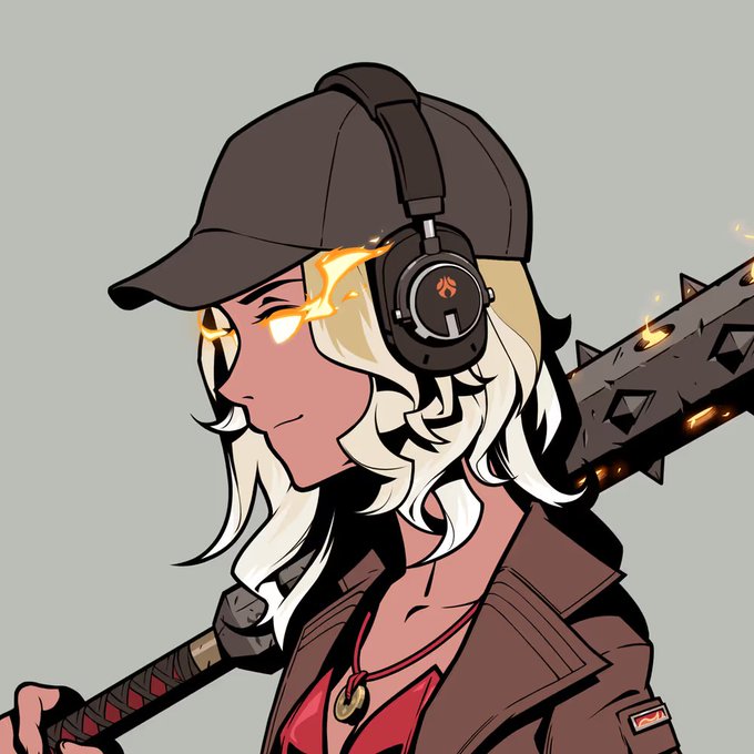 An anime-style illustration of a character with blonde hair, glowing yellow eyes, a black cap and headphones, holding a spiked bat.