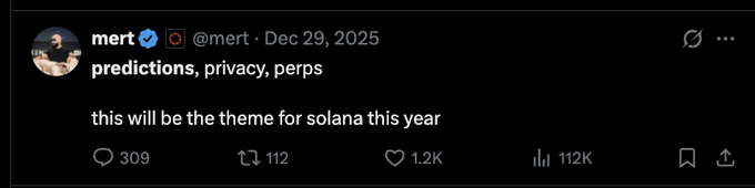 A screenshot of a tweet from user "mert" (@mert) dated December 29, 2025, stating "predictions, privacy, perps — this will be the theme for solana this year." The post highlights three crypto sectors (prediction markets, privacy, and perpetual futures) as Solana's key themes for 2025, reinforcing the accompanying caption's point about onchain prediction markets and perps positioning Solana for dominance in these verticals.
