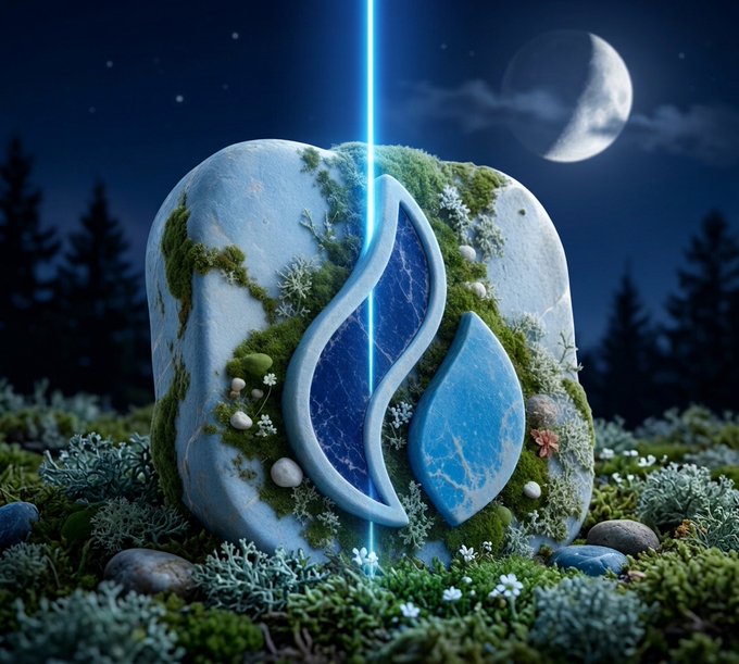 A mystical stone with glowing blue water droplets sits under a crescent moon, while a beam of light pierces through the scene.

The image captures the essence of "touching grass"—a moss-covered stone with crystalline water elements grounded in nature, paired with the cryptic, bullish "still bullish btw" signaling investor optimism despite a serene, almost magical atmosphere.