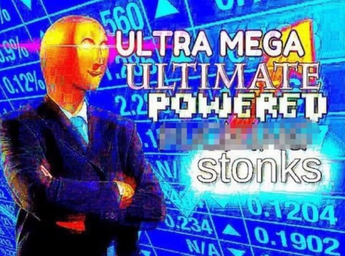 Meme-style image showing a gold bust figure in a suit over a blue stock chart background, overlaid with glitchy text reading 'ULTRA MEGA ULTIMATE POWERT' and 'stonks'.