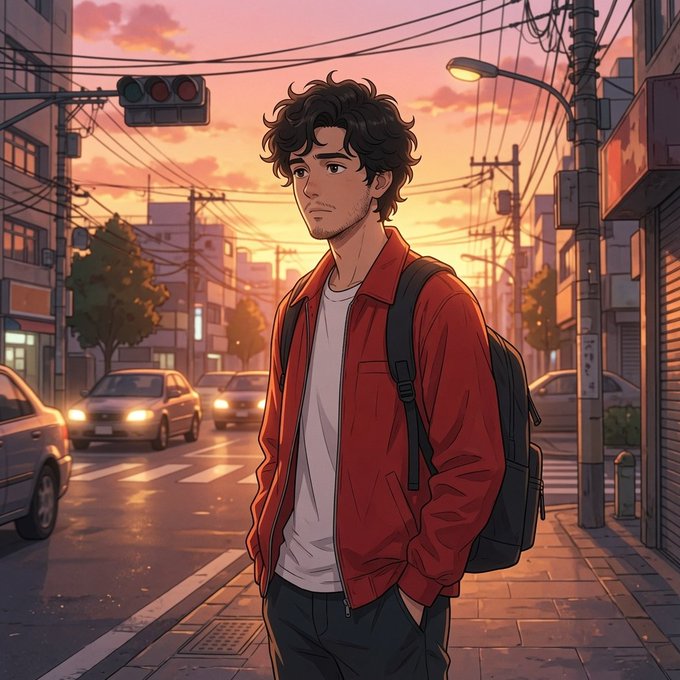 The image features a young man with curly hair wearing a red jacket, standing alone on a city street at dusk. He has a backpack on his back and is looking off into the distance. The scene includes cars driving by and buildings lining the street in the background. There are also traffic lights visible in the image.