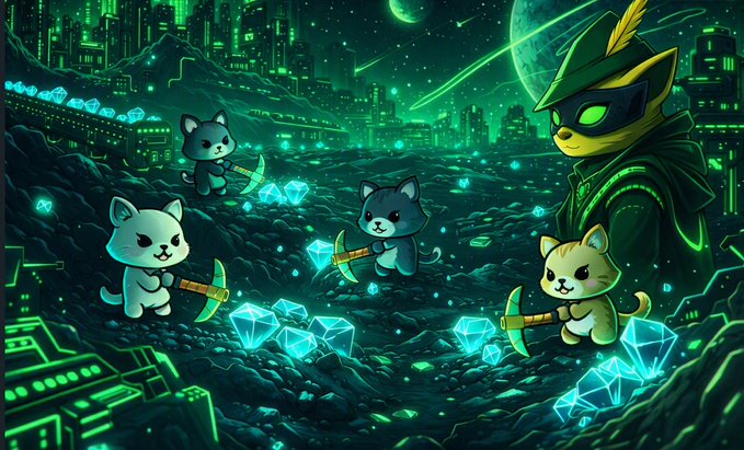 A digital illustration depicts cute cartoon cats with pickaxes mining glowing teal crystals in a futuristic cityscape, accompanied by a large cat-like character in a green hood.