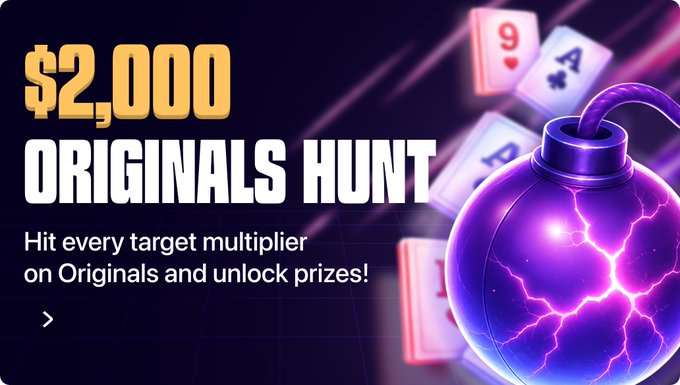 A promotional banner for a '$2,000 ORIGINALS HUNT' promotion with text 'Hit every target multiplier on Originals and unlock prizes!', featuring a purple bomb graphic and playing cards.