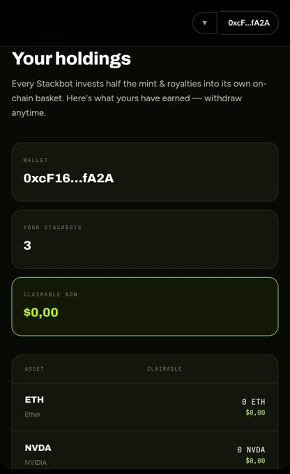 A mobile screenshot displaying 'Your holdings' for the wallet address '0xcF...fA2A', showing 3 Stackbots earned and a claimable amount of $0.00, with assets like ETH and NVDA listed.