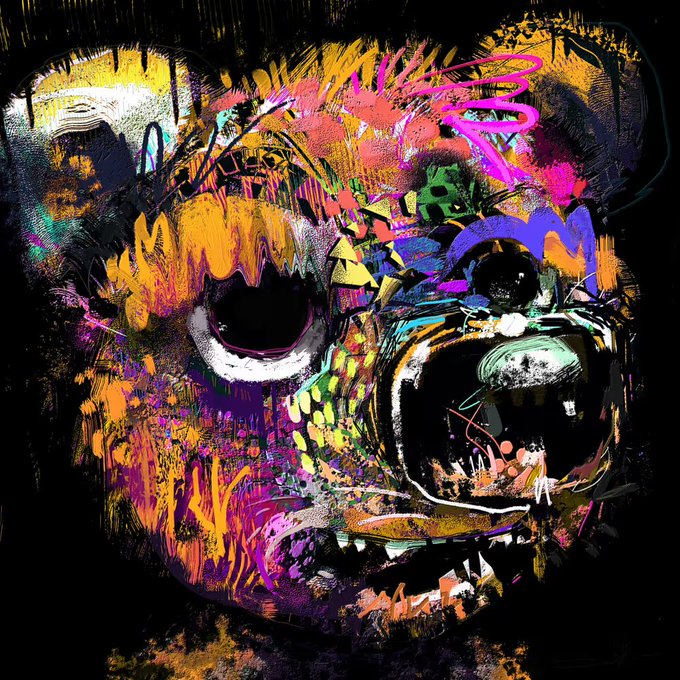 The image features a colorful, abstract painting of a bear's face with a black background. The bear has a large nose and mouth, giving it an unusual appearance. The painting includes various colors such as orange, pink, green, blue, purple, and white. The text "GM Bear and Circus #2/24 Buy Now 0.001 ETH" is present in the image, which could be related to the artist's work or a promotional message for the painting.