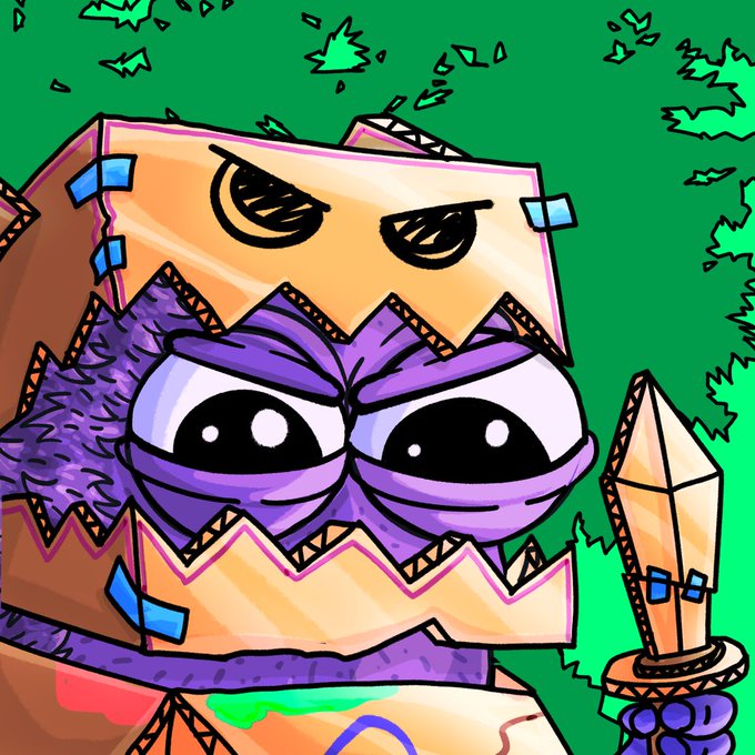 A cartoonish purple and yellow character with large expressive eyes and jagged teeth holds a crystal-tipped scepter against a green background, visually representing the "$DAK" crypto project mascot referenced in the post about holding tokens and blocking dumping activity.