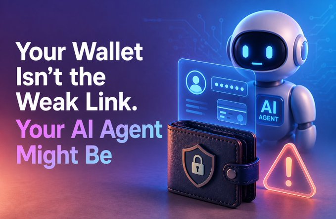 A 3D-rendered graphic with the text "Your Wallet Isn't the Weak Link. Your AI Agent Might Be", showing a white robot labeled "AI AGENT" next to an open wallet, an ID card, and a warning triangle.