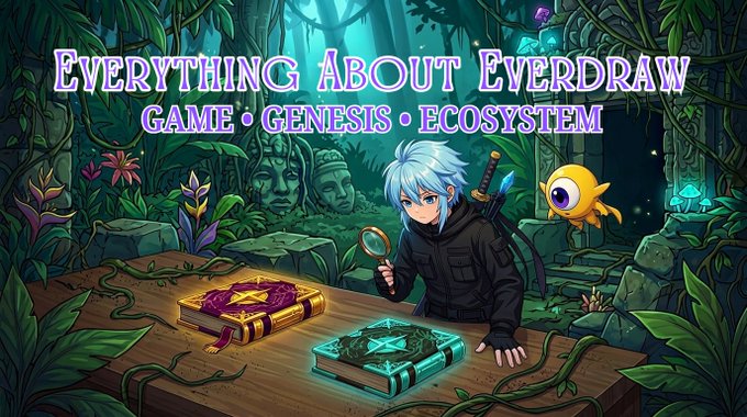 An illustrated graphic titled 'Everything About Everdraw - Game, Genesis, Ecosystem' featuring a character with blue hair, a yellow cyclops creature, and mystical books on a jungle ruin.