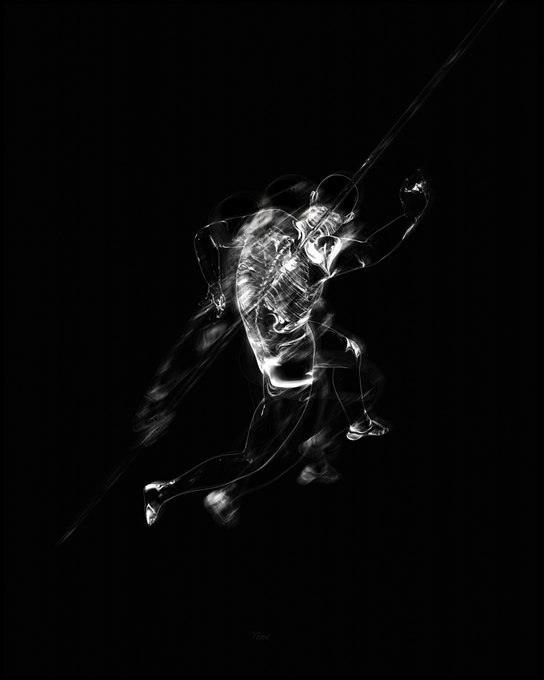 A black-and-white artistic photograph showing a transparent, ghostly figure mid-motion with a pole, set against a dark background.