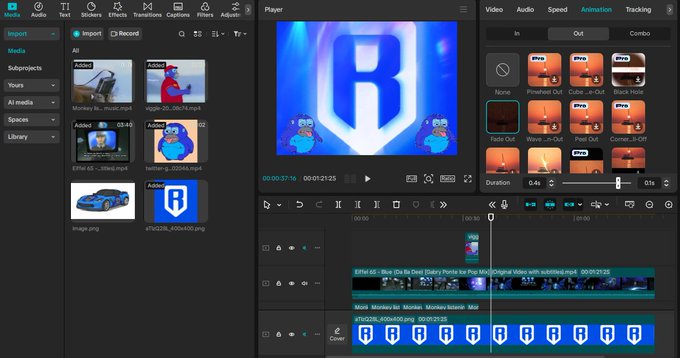 A video editing software interface (CapCut) showing a project titled 'Elfrit 65 - Blue' Da Ba Dee' with a large blue 'R' logo preview and various animation/effect panels.