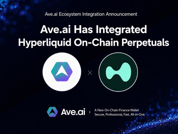 The image is a dark-themed announcement graphic with blue particle effects announcing "Ave.ai Has Integrated Hyperliquid On-Chain Perpetuals," featuring the Ave.ai and Hyperliquid logos side-by-side. It reinforces the post's message by visually highlighting the wallet app's new integration of Hyperliquid-powered perpetual DEX trading on mobile.