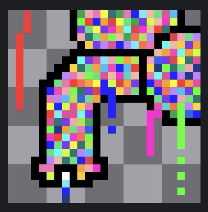 A pixelated map with a gray checkered floor, colorful blocky structures, and red, blue, magenta, and green vertical elements extending downwards from various structures.
