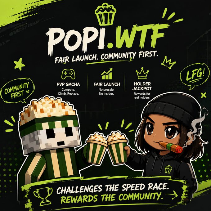 A promotional graphic for 'POPI.WTF' featuring a pixel art popcorn mascot character and a chibi-style girl with a cigarette and popcorn, advertising 'FAIR LAUNCH. COMMUNITY FIRST.' with features like 'PVP GACHA', 'FAIR LAUNCH', and 'HOLDER JACKPOT'.