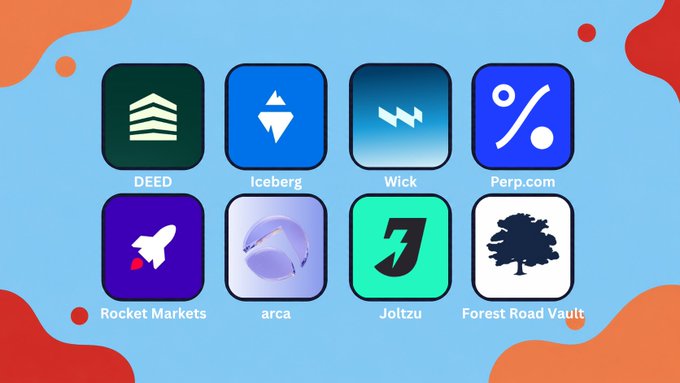 A graphic displaying eight app icons with labels including 'DEED', 'Iceberg', 'Wick', 'Perp.com', 'Rocket Markets', 'arca', 'Joitzu', and 'Forest Road Vault' on a blue and orange background.