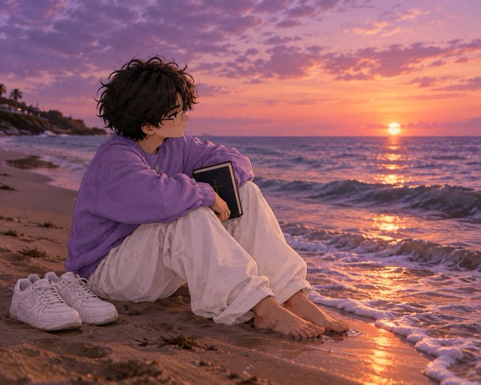 An illustrated anime-style character with messy dark hair and glasses sitting barefoot on a beach at sunset, holding a book, with white sneakers placed on the sand nearby.