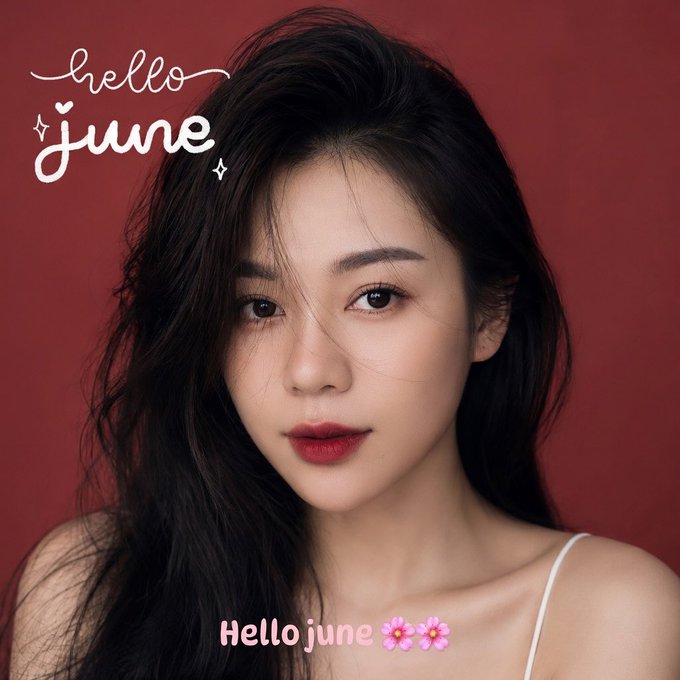 The image features a woman wearing a white tank top against a red background. The text "Hello June" is written above her head, indicating that this photo was taken during the month of June. The caption below the photo reads "Good morning, everyone This morning, X got hit with another sweep Knock on wood, those who haven'n turned it off yet are safe and sound, keep your spirits up, okay".