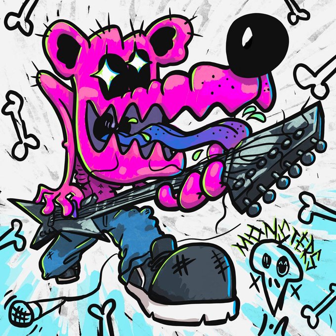 A vibrant graffiti-style illustration depicts a hot pink bear-like character playing an electric guitar, with the text 'MEMENTO FLEX' visible on the right side.