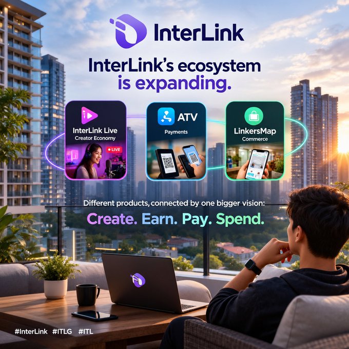 A marketing graphic for InterLink showcasing an expanding ecosystem with three products: InterLink Live (Creator Economy), ATV (Payments), and LinkersMap (Commerce), with the tagline 'Create. Earn. Pay. Spend.' and hashtags #InterLink #ITLG #ITL.