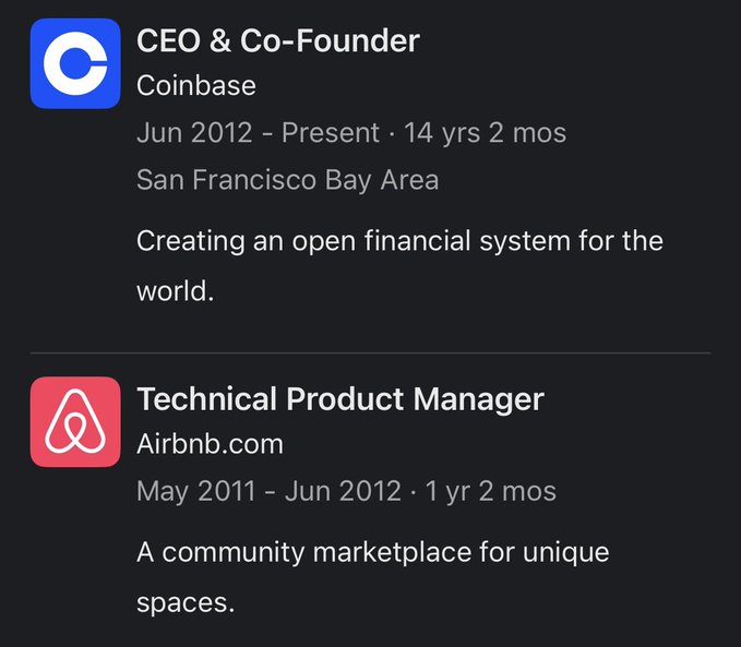 The image shows a LinkedIn-style work experience entry for Brian Armstrong, listing his current role as CEO & Co-Founder of Coinbase (Jun 2012 - Present) and a previous position as Technical Product Manager at Airbnb.com (May 2011 - Jun 2012). The caption supports the post by illustrating Armstrong's career trajectory—his brief but formative stint at Airbnb preceded his discovery of Bitcoin, which motivated him to leave and co-found Coinbase in 2012.