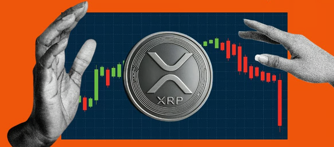 A graphic shows two hands reaching toward a large silver XRP cryptocurrency coin, set against a background of red and green descending stock market candlestick charts on an orange and blue field.