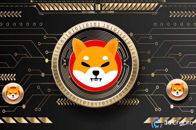 The image features a stylized Shiba Inu dog mascot on a circuit-board background, representing the $SHIB cryptocurrency, with "36Crypto" branding in the corner—visually reinforcing the post's theme of large-scale SHIB token withdrawals from exchange reserves.