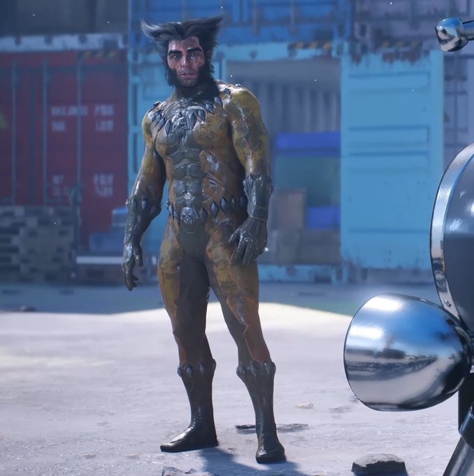 Wolverine stands in a dirty industrial setting wearing his brown and orange X-Men costume, which features a glossy, textured design with prominent metallic accents and clawed gloves. The post criticizes Insomniac Games for giving him an unappealing, over-designed look that fans consider one of his worst costume choices.