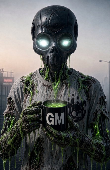A dark, stylized digital artwork of a skeletal robotic figure with glowing green eyes, covered in dripping green slime, holding a black mug labeled 'GM' against a foggy urban backdrop.