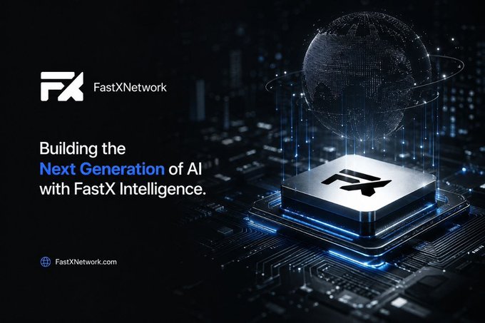 A dark-themed digital advertisement for FastXNetwork featuring a glowing globe and microchip illustration, with the tagline 'Building the Next Generation of AI with FastX Intelligence.' and the website FastXNetwork.com.