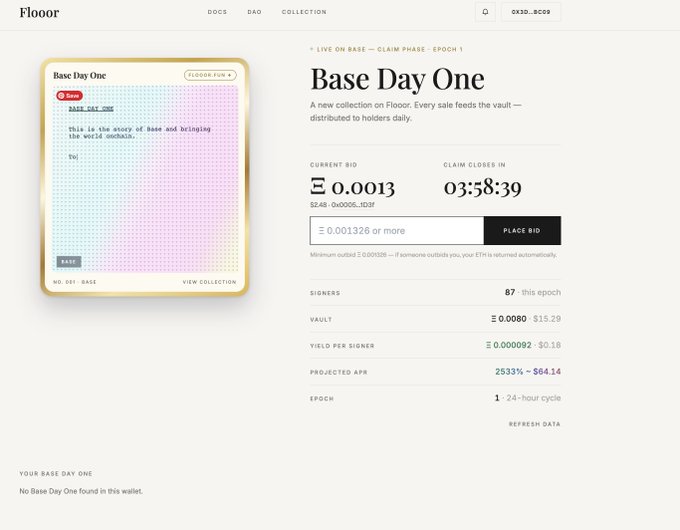 The image shows the Floor platform's Base Day One NFT collection page on Base, displaying a current bid of � 0.0013 with 87 signers and a 24-hour epoch cycle. This aligns with the post about the bid rain occurring on Base, showing that strong community support has boosted the signer count toward a record.