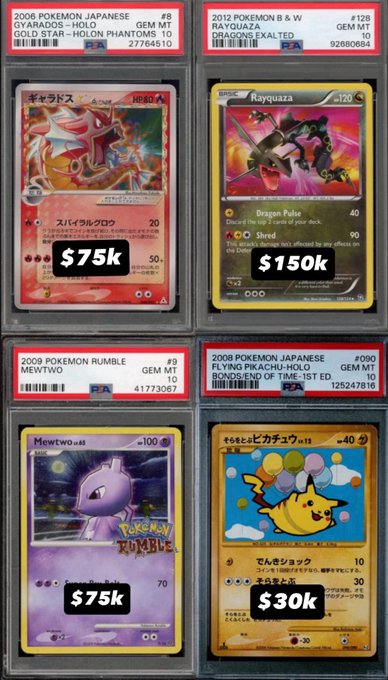 Four PSA-graded Pokémon cards are displayed with their prices overlaid: a 2006 Japanese Gold Star Holon Phantoms Giratina ($75k), a 2012 Dragon's Exalted Rayquaza ($150k), a 2009 Rumble Mewtwo ($75k), and a 2008 Japanese FlyAku Baku Bonds Pikachu ($30k). The image supports the post's call to "pivot to CT (collectibles twitter)" by showcasing high-value graded Pokémon cards as an alternative investment avenue, with six-figure prices demonstrating the lucrative potential of the collectibles market.