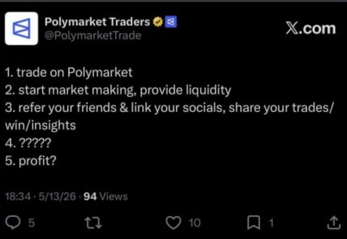 A screenshot of a tweet from 'Polymarket Traders' (@PolymarketTrade) on X.com listing steps including '1. trade on Polymarket', '2. start market making', '3. refer your friends', '4. ??????', and '5. profit?'.