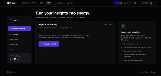 A screenshot of the RocX website, specifically the "Register an activity" page for Proof of Attention (PoA).