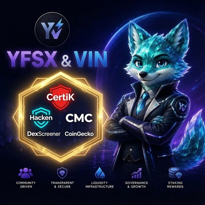 A promotional graphic for "YFSX & VIN" featuring a sharp-dressed cyan fox mascot alongside verification badges from CertiK, Hacken, DexScreener, CoinGecko, and CMC, visually reinforcing the post's message about the project earning credibility through completed security audits and major exchange listings.